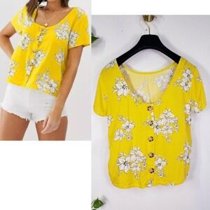 ABERCROMBIE‎ FITCH Crop Top Womens XS Yellow Floral Hawaiian Summer Boho Light